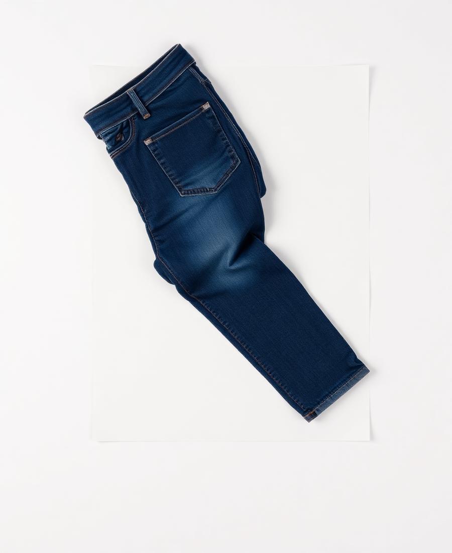 A folded pair of indigo denim jeans